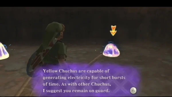 A Yellow Chuchu sits in the Lanayru Mine while a box explains it generates electricity in short bursts. A Yellow Chuchu sits in the Lanayru Mine while a box explains it generates electricity in short bursts.