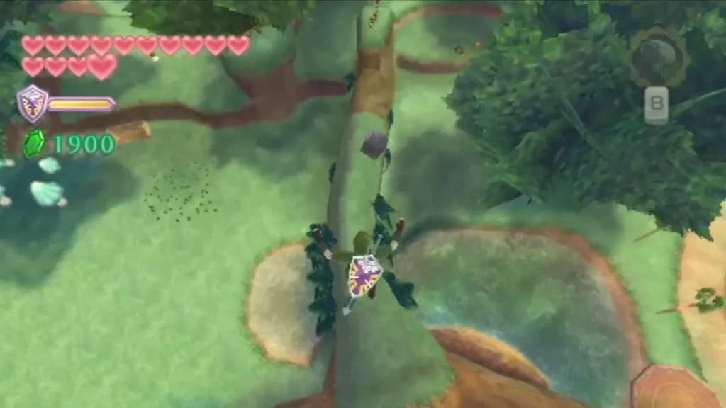 Link slides down a vine on the Great Tree as a Goddess Cube rests on the trunk above the pond below