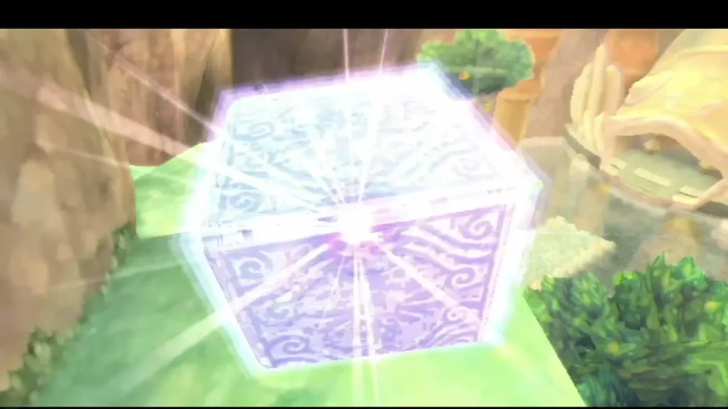 A Goddess Cube bursts with white light on a green ledge, with a pale golden statue behind it