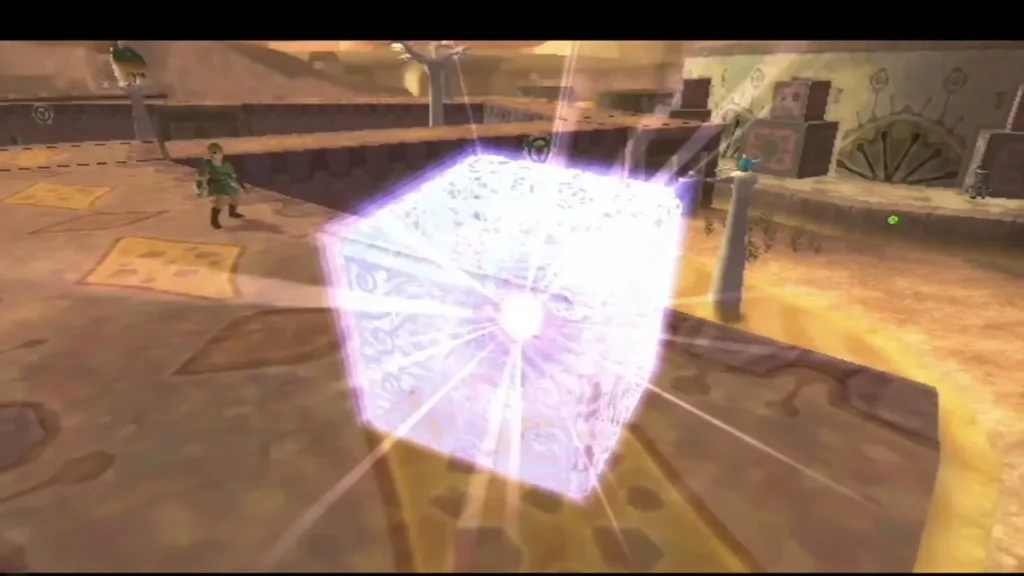 A Goddess Cube bursts with violet light on a raised tiled platform among Lanayru Desert ruins