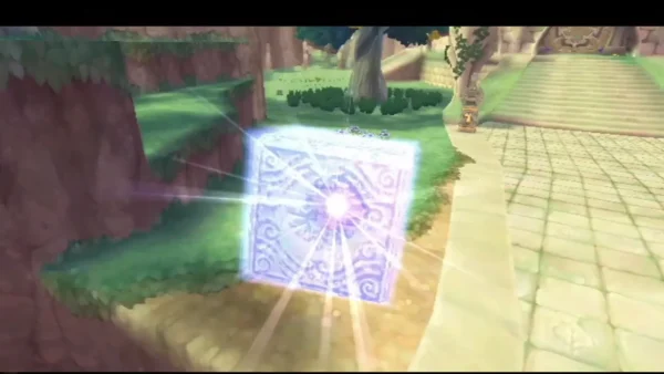A Goddess Cube glows violet beside a grassy path in the Deep Woods, with stone stairs leading toward the temple gate