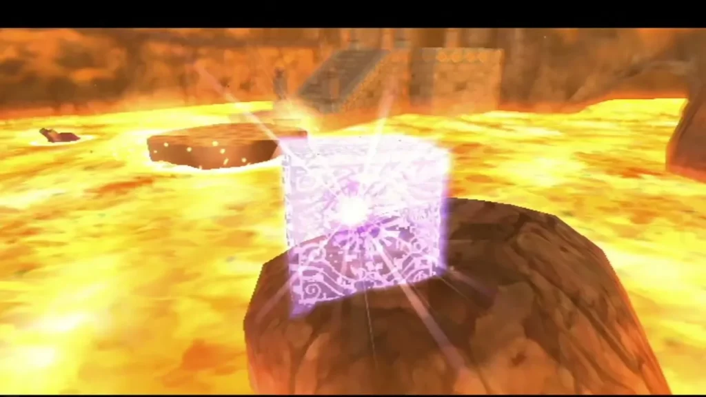 A glowing Goddess Cube sits on a rock in a lava pool, bursting with light.