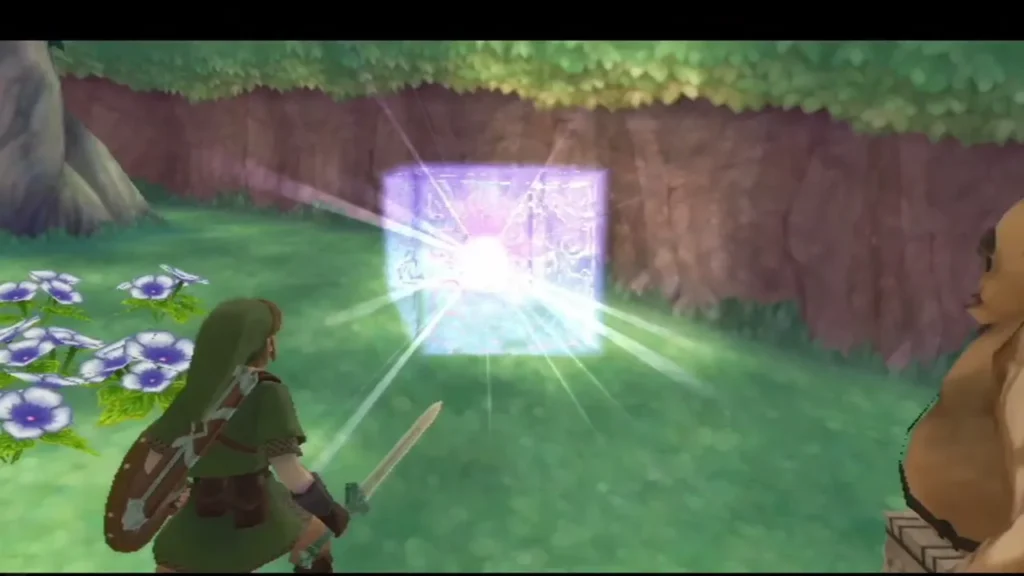 Link's sword strikes a glowing Goddess Cube in a Deep Woods clearing, and the cube bursts into white light