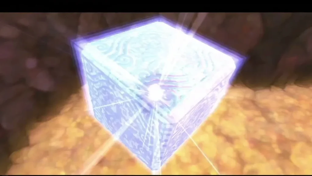 A Goddess Cube bursts with light on a yellow rocky ledge in Eldin Volcano, its crest glowing