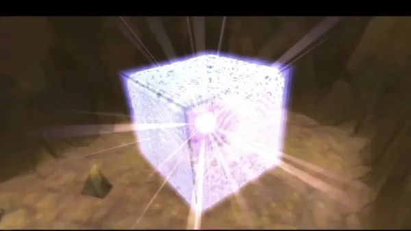 Glowing Goddess Cube bursting with light in a cave on Eldin Volcano