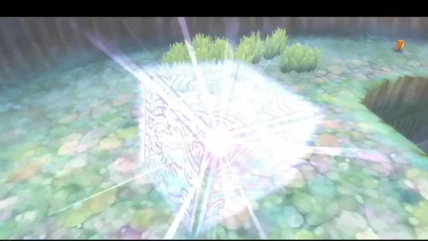 Goddess Cube glowing white in a cave pool in Lake Floria
