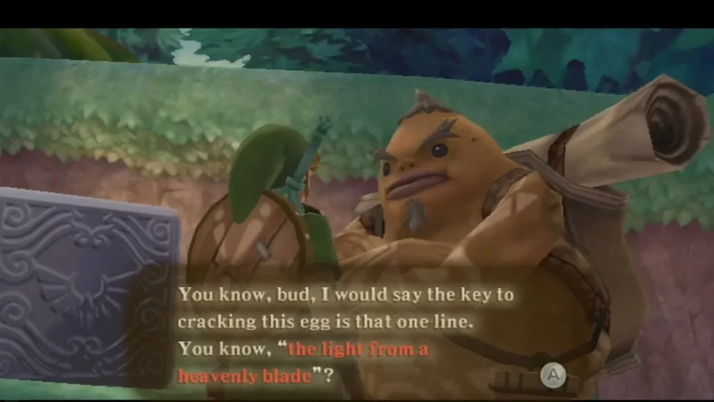 Gorko talks beside a stone Goddess Cube in the Deep Woods, with a text box about the light from a heavenly blade