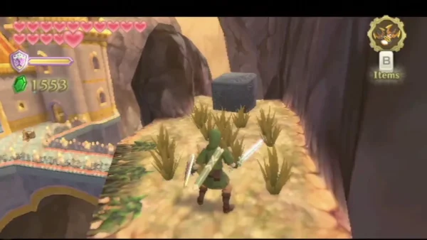 Link raises the Goddess Sword toward a dark stone Goddess Cube on a rocky ledge in Eldin Volcano