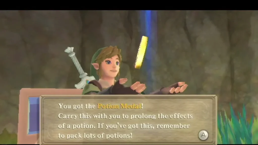 Link holds up the Potion Medal, its box reading that it prolongs the effects of a potion