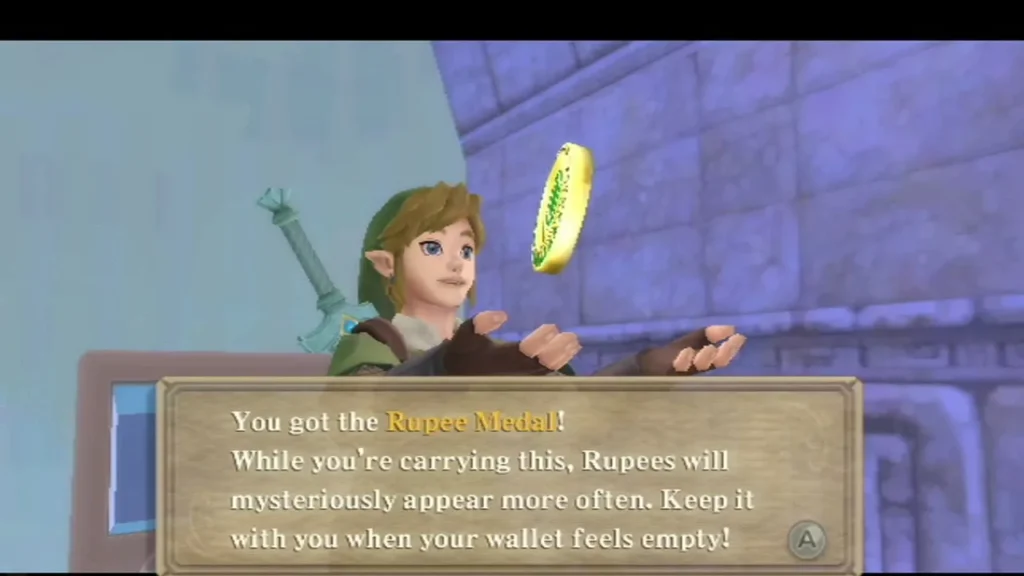 Link holds up the Rupee Medal, with the box saying Rupees will mysteriously appear more often