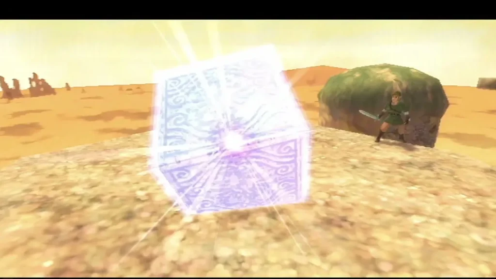 Link stands by a rock as a purple Goddess Cube bursts with light on a desert plateau