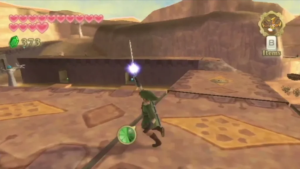 Link runs across a tiled stone platform with his Goddess Sword raised, lit with energy, in Lanayru Desert