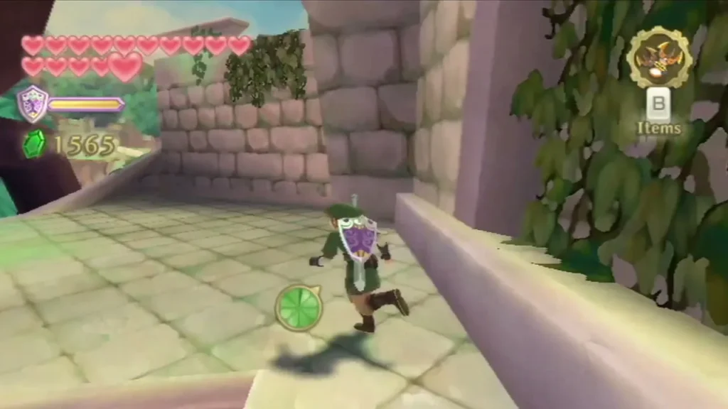 Link runs across a vine-covered stone terrace beside a brick wall in the ruins of Faron Woods