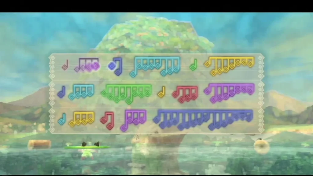 The complete Tadtone score hangs over the flooded forest, with every colored group of notes on it.