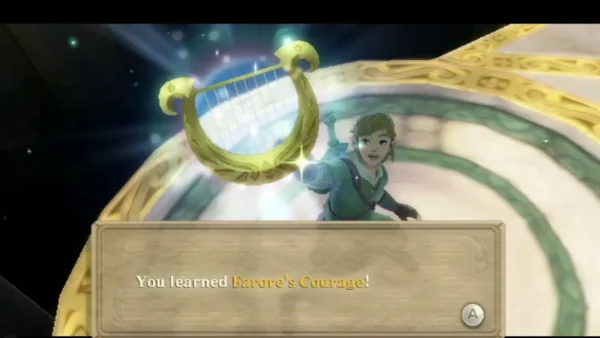 Link raises the Goddess's Harp as the box confirms he has learned Farore's Courage.