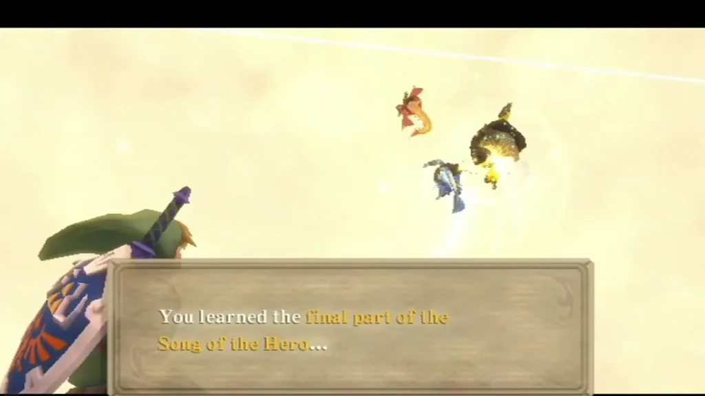 A box says Link learned the final melody of the Song of the Hero, with a glowing sky creature nearby.