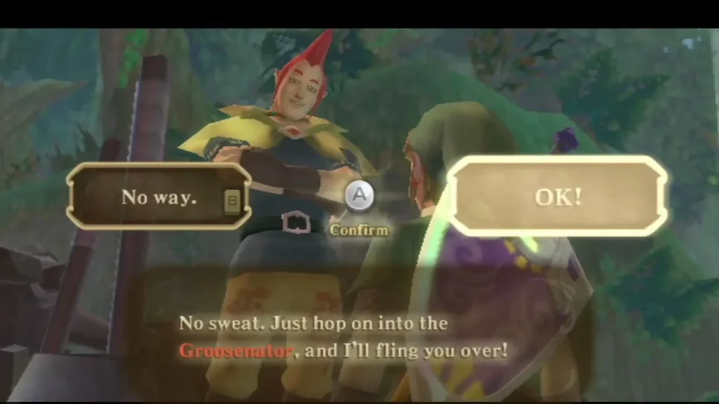 A red-haired character says to hop into the Groosenator and he will fling Link over.