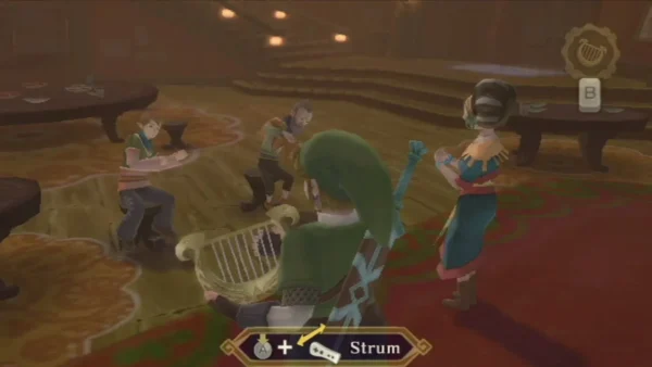 Link plays the harp on the Skyloft bar floor as a singer performs beside him, with the Strum prompt on screen.