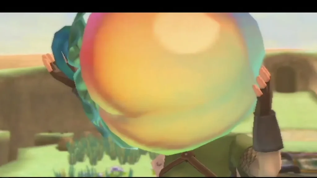 Link raises a glowing, orange-and-green Life Tree Fruit in both hands above his head.