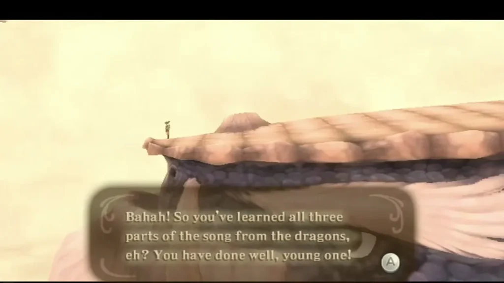 A giant sky creature with a pale mane praises Link in a text box for learning the song from the dragons.