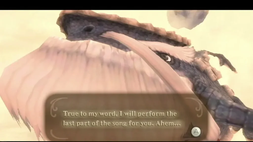 The giant sky creature turns toward Link, and its text box promises to perform the last piece of the song.