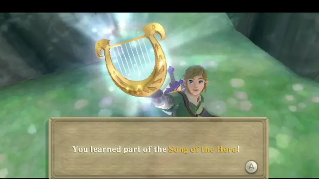 Link raises the harp as the box says he learned a verse of the Song of the Hero.