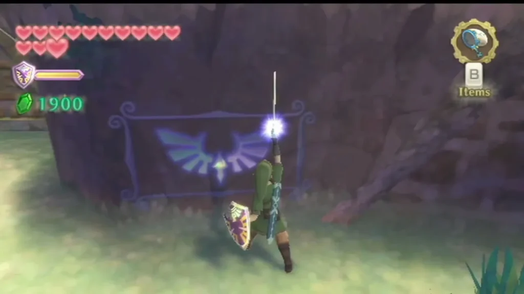 Link raises his sword toward a glowing crest on a stone wall, the indigo panel framing the Goddess Crest.