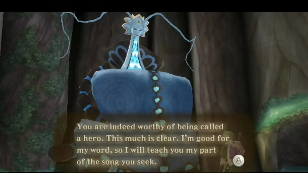 The Water Dragon, a blue serpent in her hall, says Link is worthy and will teach him her verse of the song.