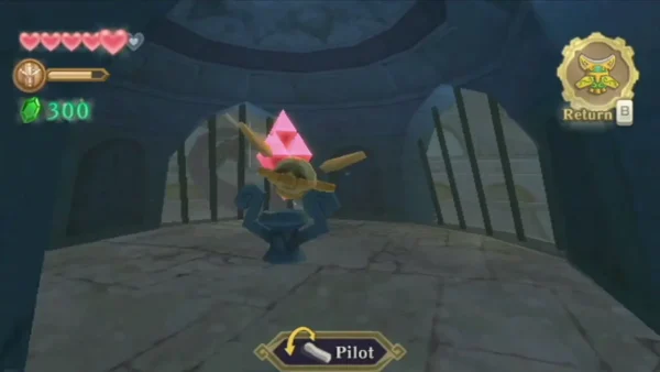 Link flies his Beetle up to a pink crystal switch behind bars in the Skyview Temple round room Link flies his Beetle up to a pink crystal switch behind bars in the Skyview Temple round room