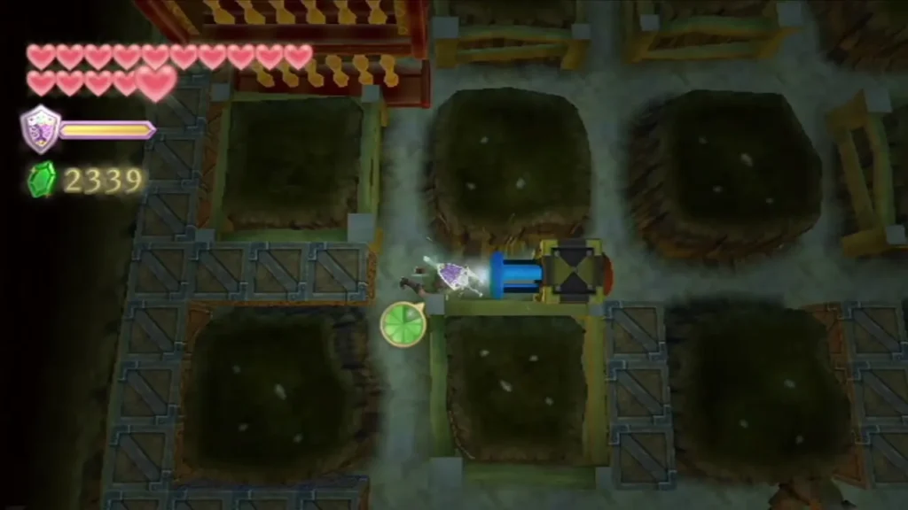 Link stands by a blue switch in a dark burrow grid of hay-filled pits in the Fire Sanctuary. Link stands by a blue switch in a dark burrow grid of hay-filled pits in the Fire Sanctuary.