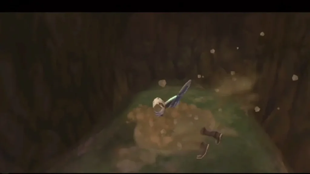 Link bursts up out of a dirt mound in a dark cave, with dust and pebbles flying around him. Link bursts up out of a dirt mound in a dark cave, with dust and pebbles flying around him.