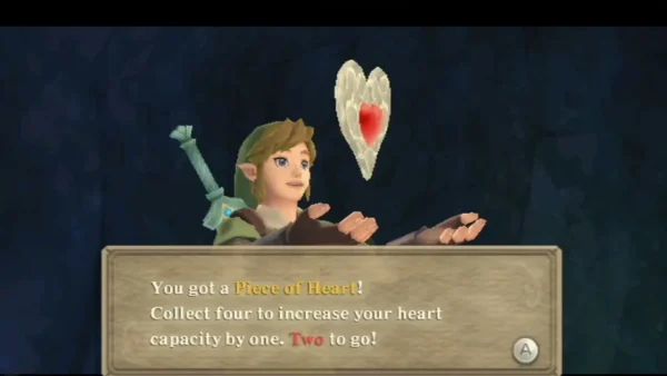 Link holds up a Piece of Heart in a dark cave, its box fully written with two to go Link holds up a Piece of Heart in a dark cave, its box fully written with two to go