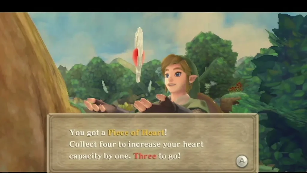 Link holds up a Piece of Heart above the wooden disc platform in Faron Woods, the box reading "Three to go!" Link holds up a Piece of Heart above the wooden disc platform in Faron Woods, the box reading "Three to go!"