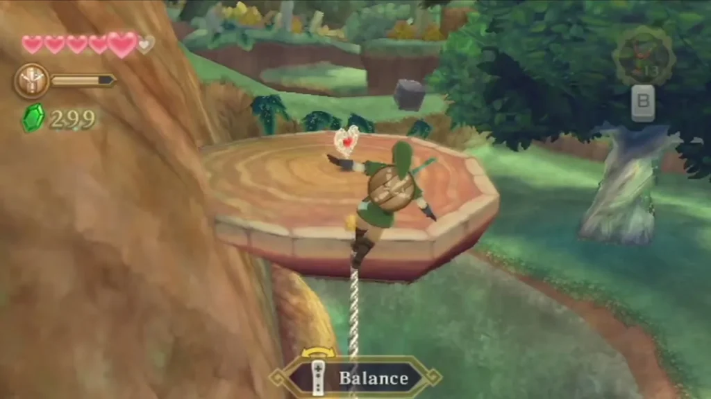 Link balances along a rope in Faron Woods toward a wooden disc platform, with the Balance prompt on screen. Link balances along a rope in Faron Woods toward a wooden disc platform, with the Balance prompt on screen.