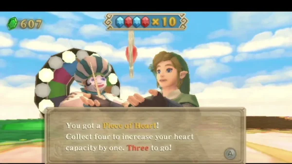 Link receives a Piece of Heart from the Fun Fun Island party wheel, the box reading Three to go! Link receives a Piece of Heart from the Fun Fun Island party wheel, the box reading Three to go!