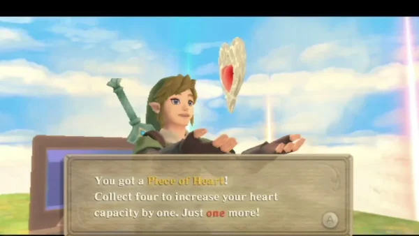 Link holds up a Piece of Heart on a Sky island, and the box says just one more is needed for a heart. Link holds up a Piece of Heart on a Sky island, and the box says just one more is needed for a heart.
