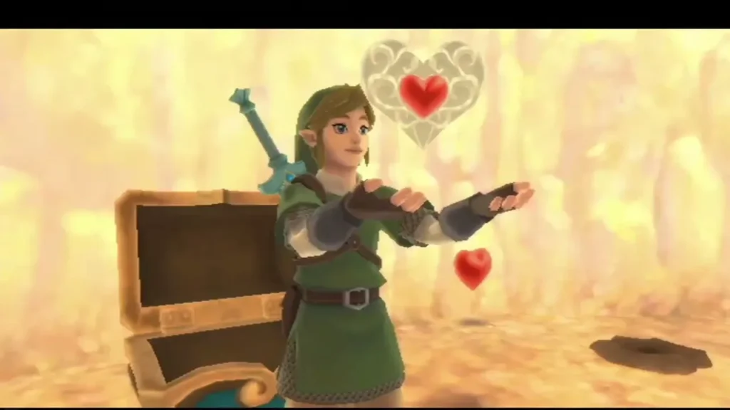 Link stands beside an open chest in a hazy, sunlit scene, a heart floating up from it. Link stands beside an open chest in a hazy, sunlit scene, a heart floating up from it.