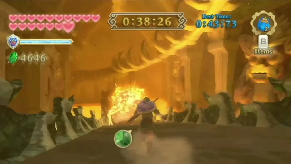 Link fights in a fiery arena during a Lightning Round battle, with blasts of flame bursting around him. Link fights in a fiery arena during a Lightning Round battle, with blasts of flame bursting around him.