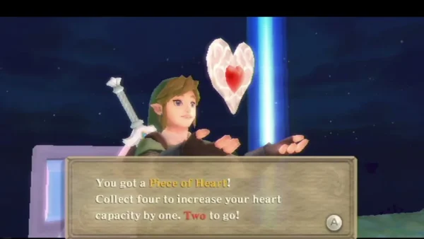 Link holds up a Piece of Heart on a night island in the Sky, the message box reading Two to go! Link holds up a Piece of Heart on a night island in the Sky, the message box reading Two to go!