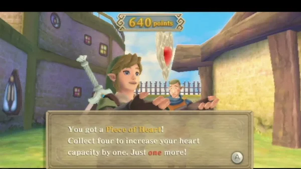 Link holds up a Piece of Heart won at the Skyloft pumpkin game, and the box says just one more is needed. Link holds up a Piece of Heart won at the Skyloft pumpkin game, and the box says just one more is needed.
