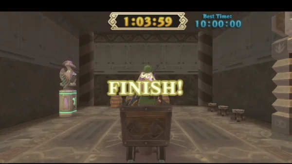 Link rides the Rickety Coaster cart under a FINISH banner. Link rides the Rickety Coaster cart under a FINISH banner.