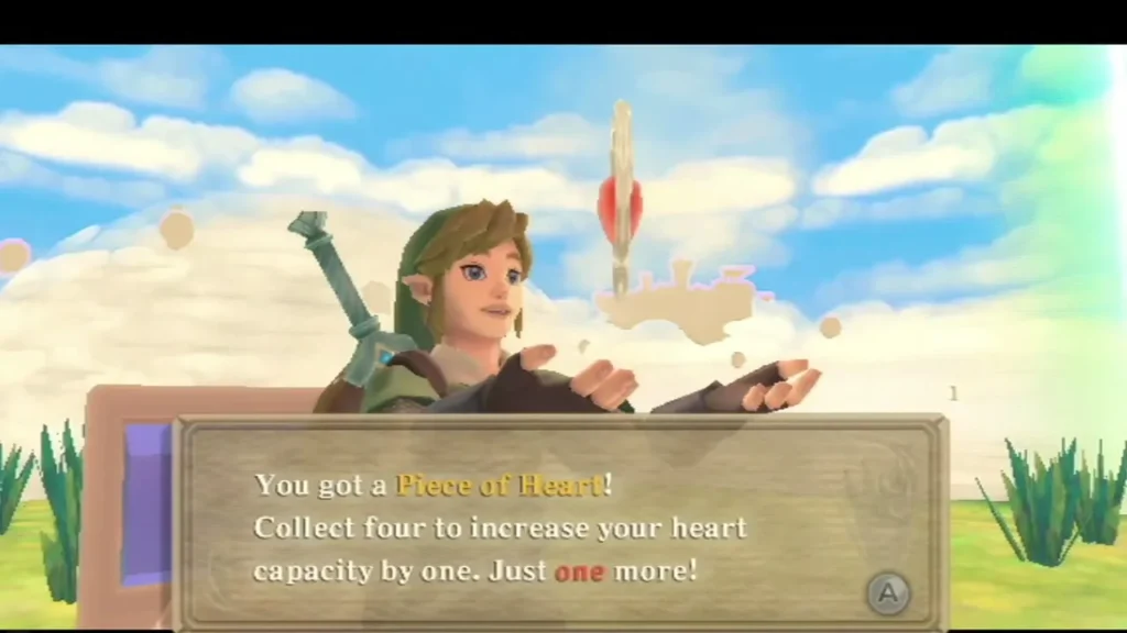 Link holds up a Piece of Heart after opening a Goddess Chest in the Sky, the box reading "Just one more!" Link holds up a Piece of Heart after opening a Goddess Chest in the Sky, the box reading "Just one more!"