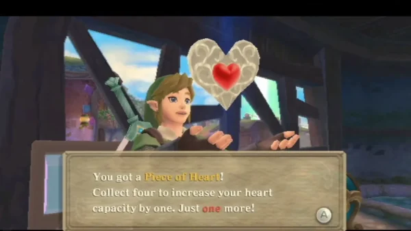 Link holds up a Piece of Heart inside a Skyloft shed, the message box reading Just one more! Link holds up a Piece of Heart inside a Skyloft shed, the message box reading Just one more!
