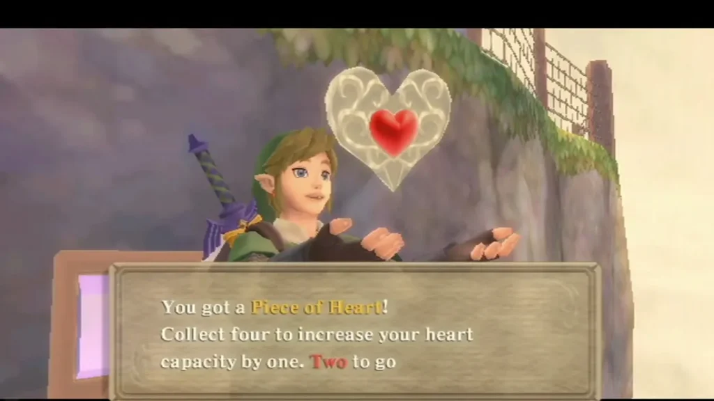 Link holds up a Piece of Heart after opening a chest on a Thunderhead platform, the box reading Two to go. Link holds up a Piece of Heart after opening a chest on a Thunderhead platform, the box reading Two to go.