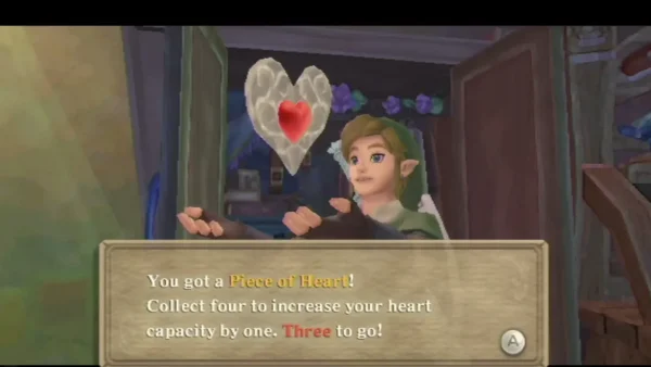Link holds up a Piece of Heart beside an open wardrobe, and the box reads Three to go! Link holds up a Piece of Heart beside an open wardrobe, and the box reads Three to go!