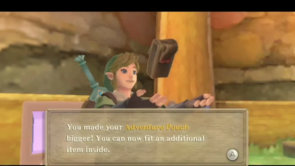 Link beside his Adventure Pouch, with the message: You made your Adventure Pouch bigger! You can now fit an additional item.