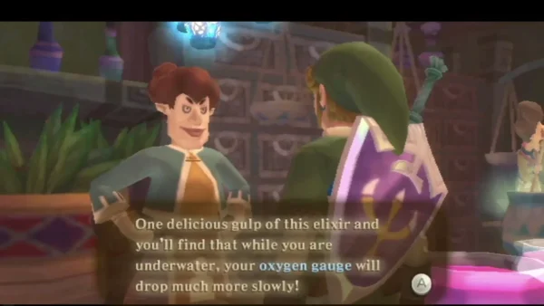 The Skyloft potion seller says one gulp of his elixir makes the oxygen gauge drop much more slowly underwater