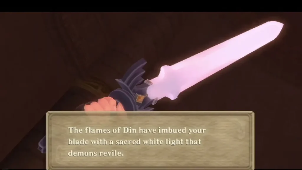 A message box says the flames of Din imbued Link's blade with a sacred white light that demons revile.