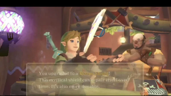 Link holds up his upgraded Divine Shield, and the box says it repairs itself over time and is more durable.