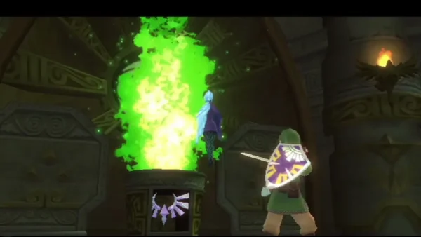 Link aims his sword at the green Sacred Flame on the altar while Fi stands beside the flame.
